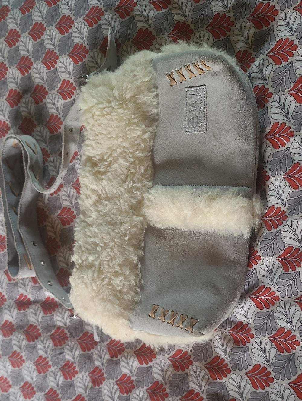 Emu Light Gray Suede Crossbody with Tan Shearling Lacing